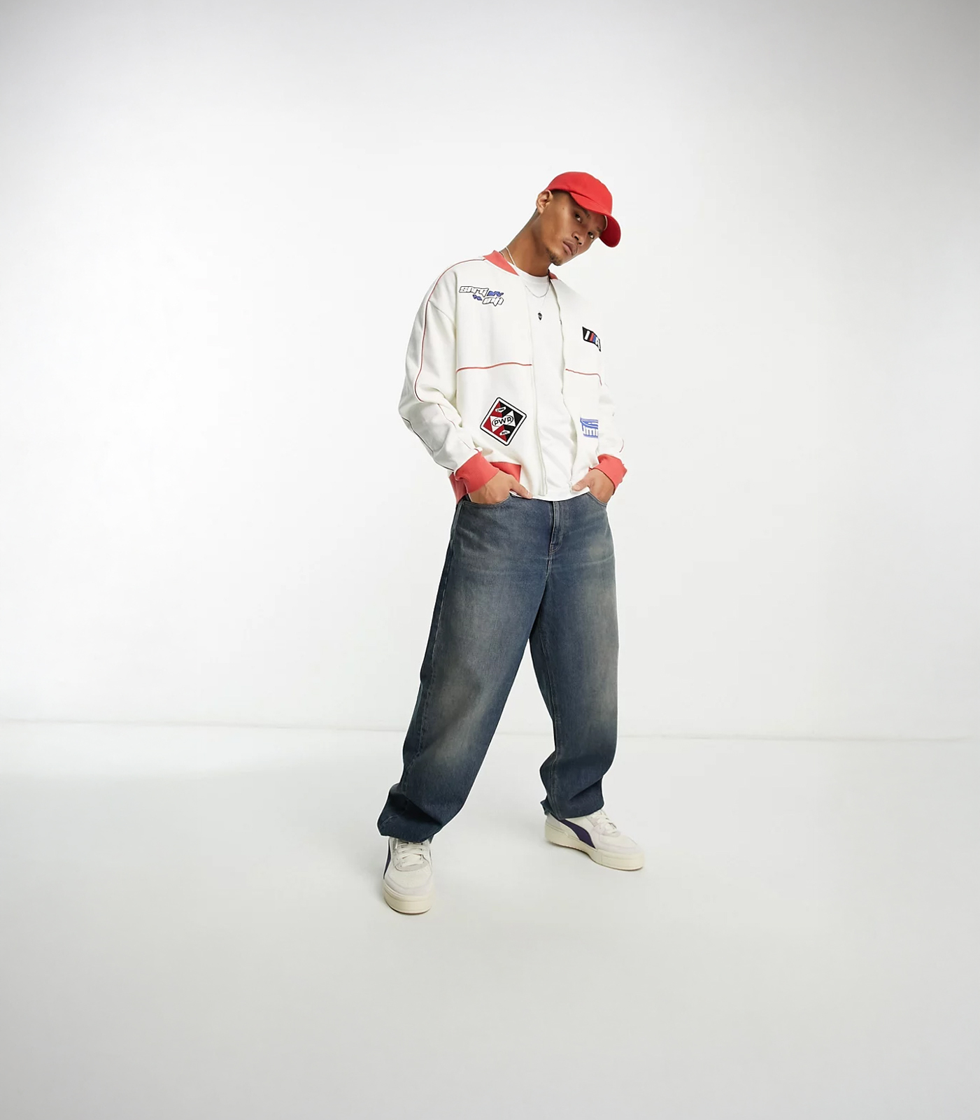 ASOS DESIGN oversized jersey track jacket in off white with sports patches - pilme