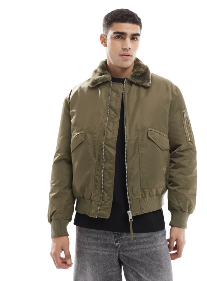 River Island - Bomber avec col imitation peau de mouton - Kaki