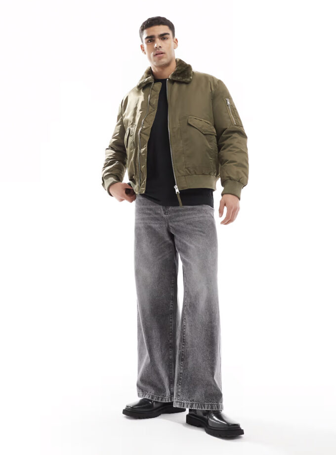 River Island - Bomber avec col imitation peau de mouton - Kaki