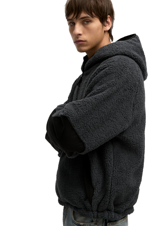 Pull&Bear Sherpa Half-Zip Hoodie – Charcoal