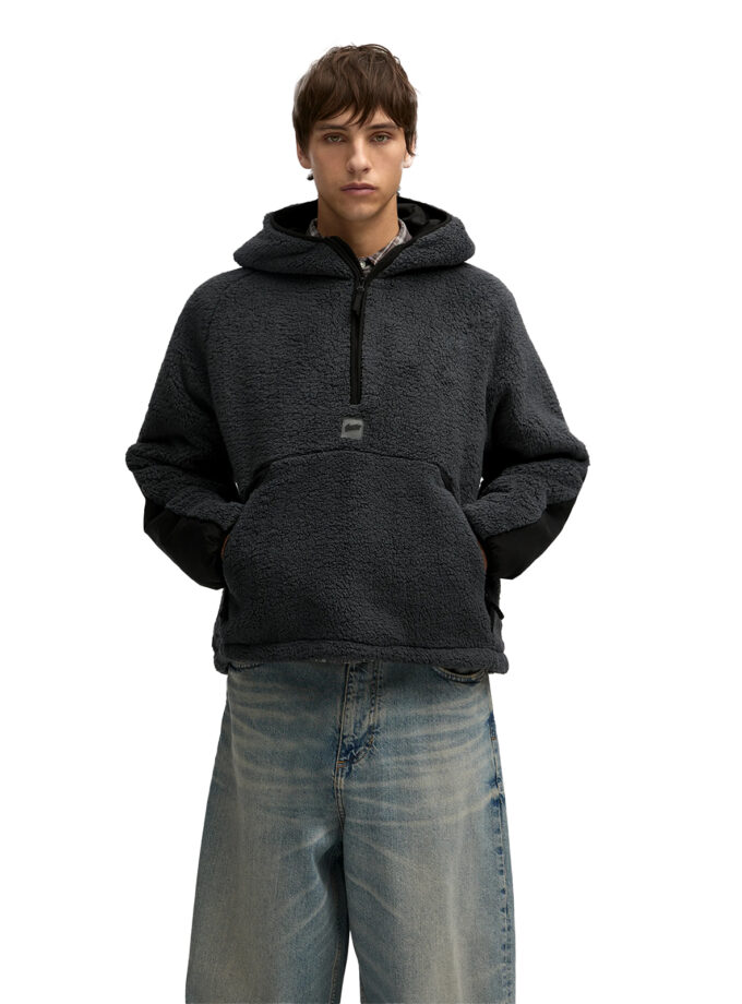 Pull&Bear Sherpa Half-Zip Hoodie – Charcoal