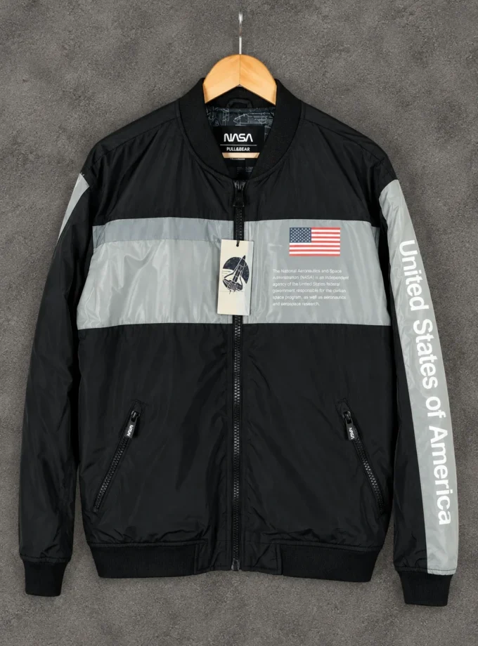 Pull&Bear NASA – Black & Grey Graphic Bomber Jacket