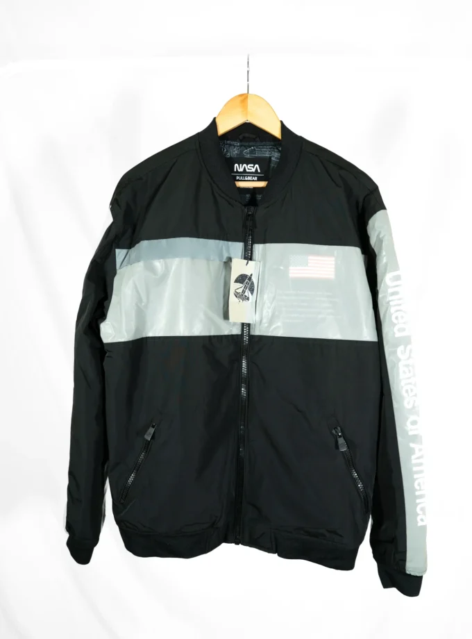 Pull&Bear NASA – Black & Grey Graphic Bomber Jacket