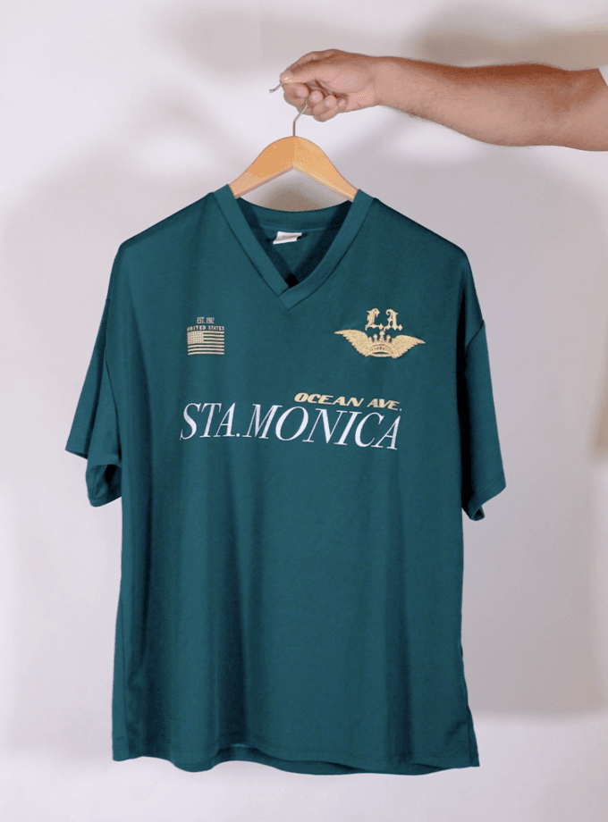 Bershka - Santa Monica Ocean Ave Green V-Neck T-Shirt