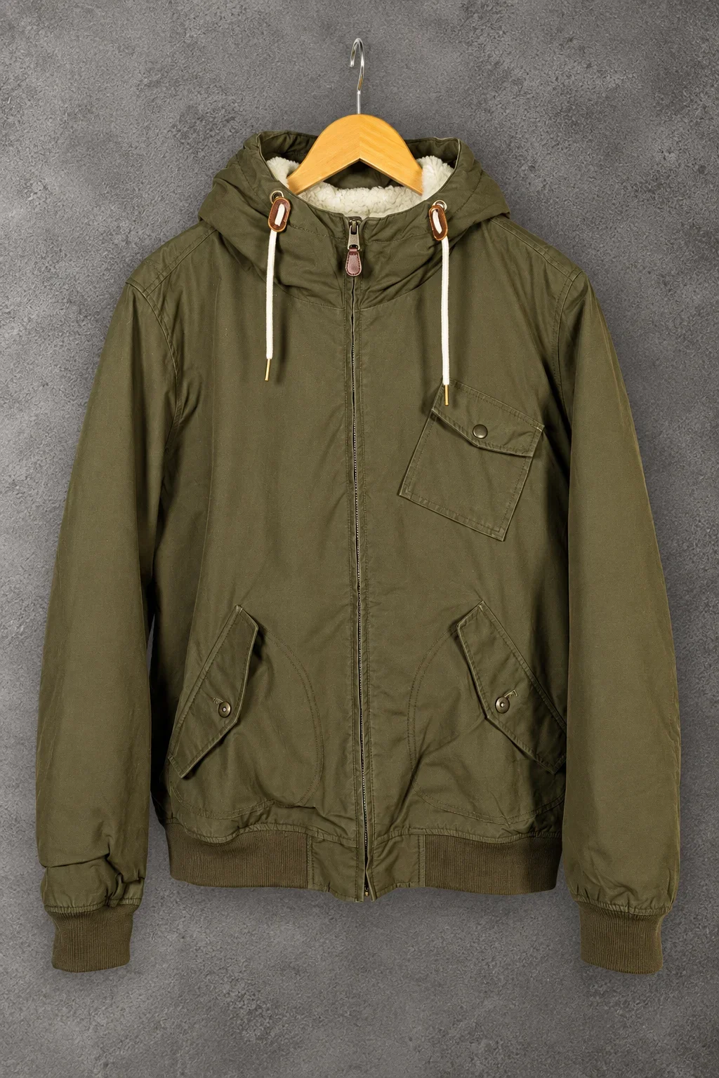 Celio olive green hooded jacket with sherpa lining size XL