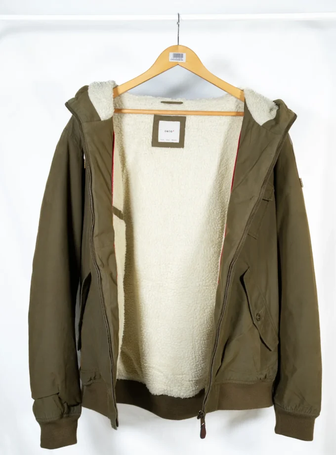 Celio – Olive Green Hooded Jacket with Sherpa Lining