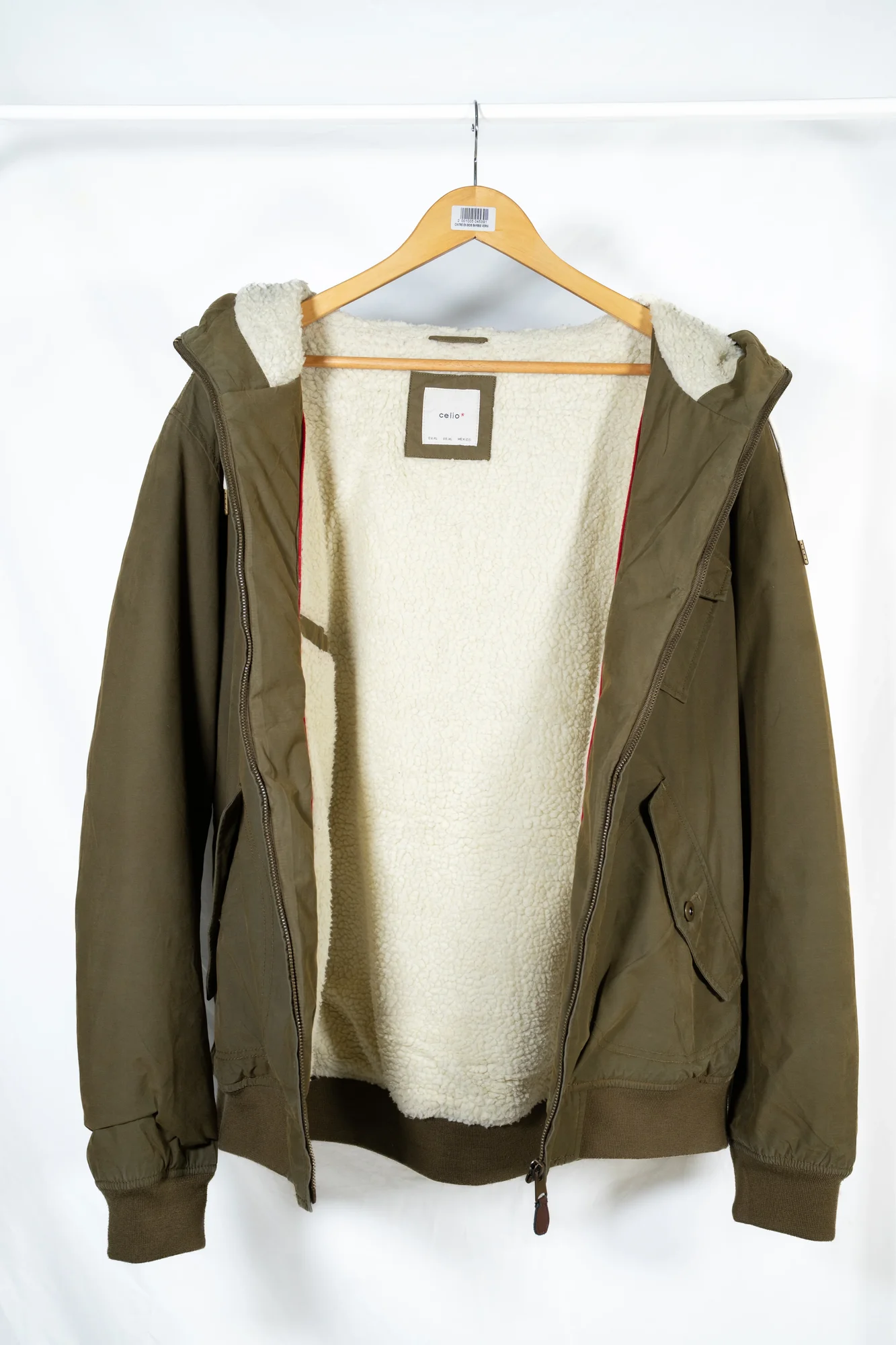 Celio – Olive Green Hooded Jacket with Sherpa Lining - Image 4