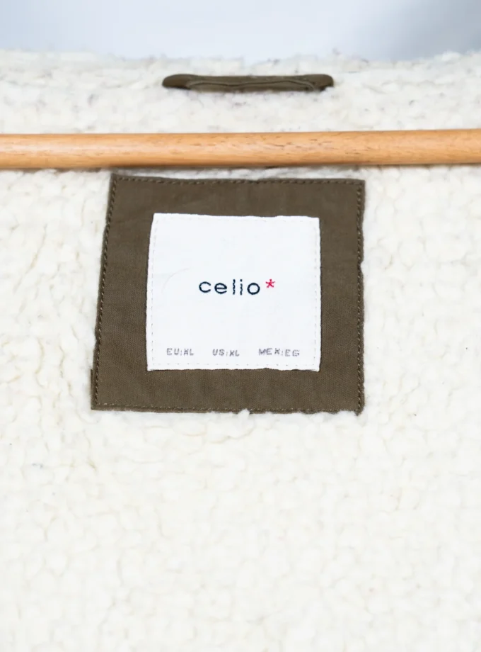 Celio – Olive Green Hooded Jacket with Sherpa Lining