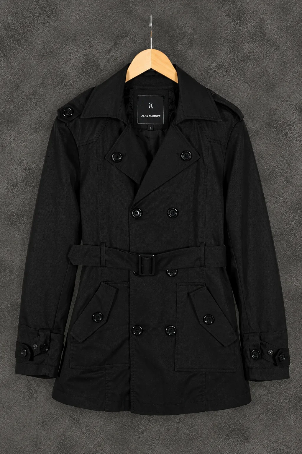 Jack & Jones black double-breasted trench coat size M