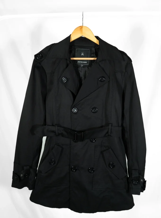 Jack & Jones – Black Double-Breasted Trench Coat with Belt