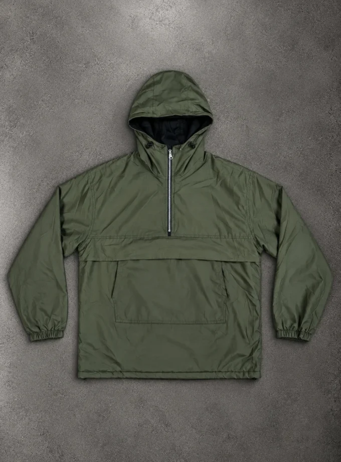 Olive green hooded half-zip anorak jacket size M