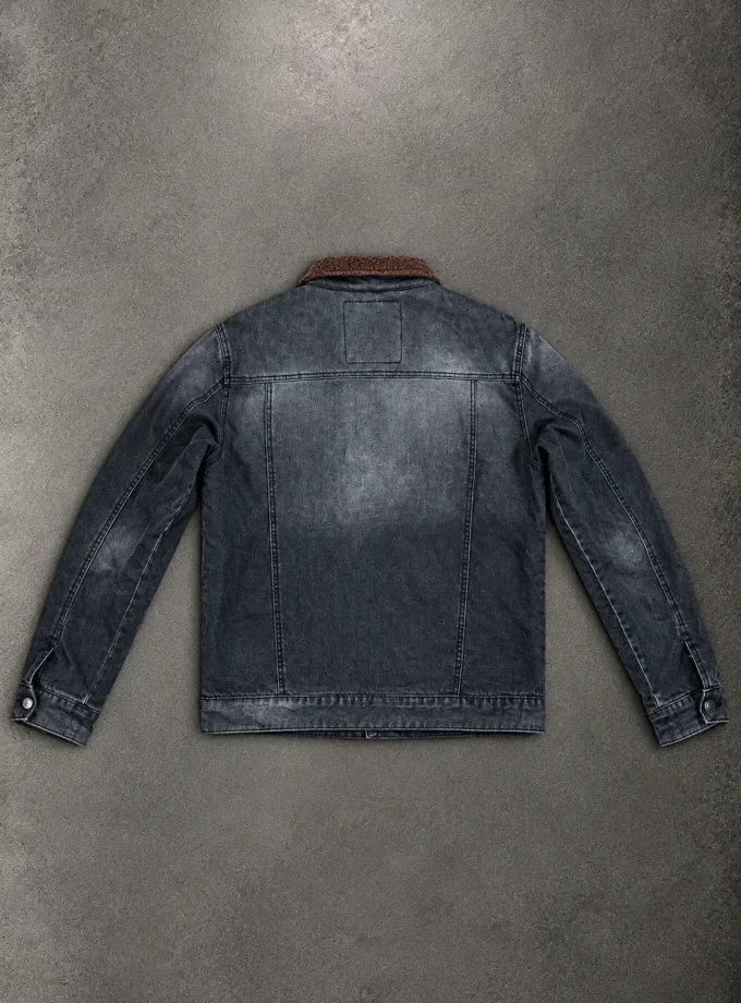 Pull&Bear black denim jacket with brown sherpa collar size L