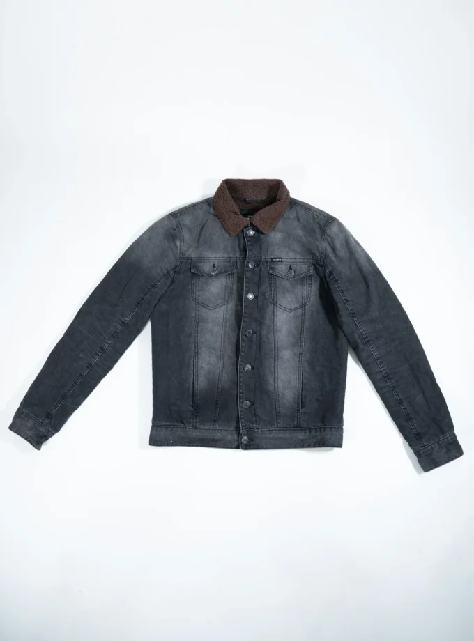 Pull&Bear – Black Denim Jacket with Sherpa Collar
