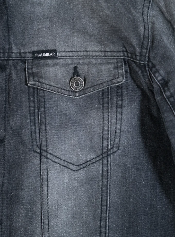 Pull&Bear – Black Denim Jacket with Sherpa Collar