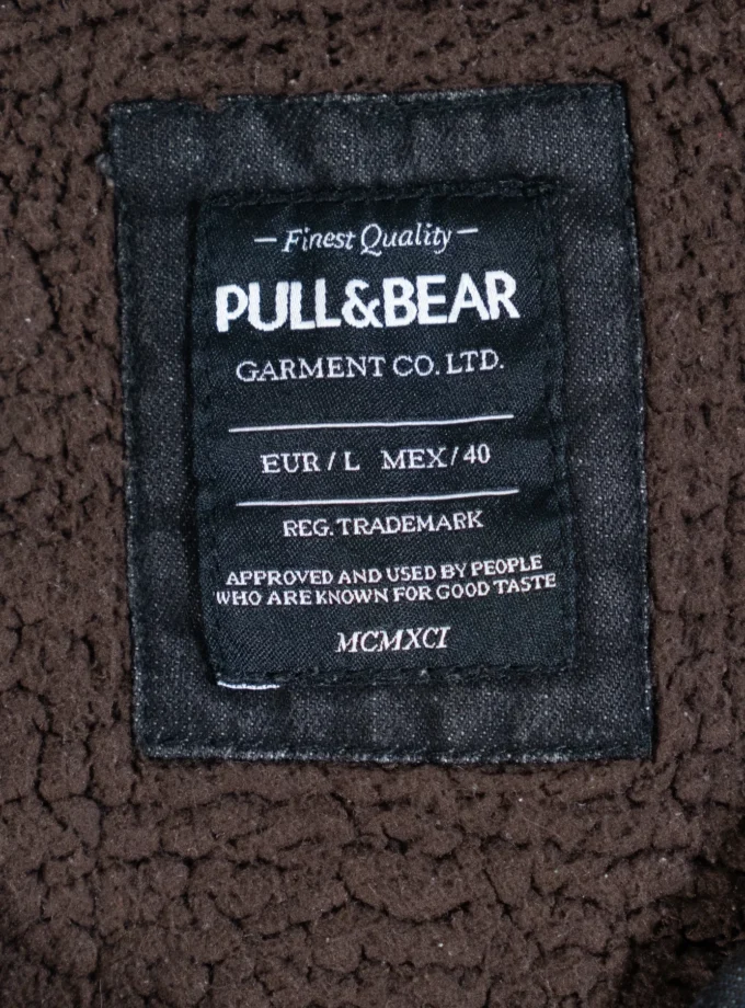 Pull&Bear – Black Denim Jacket with Sherpa Collar