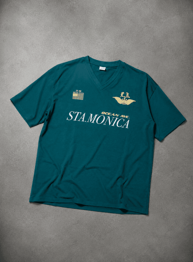 Bershka - Santa Monica Ocean Ave Green V-Neck T-Shirt